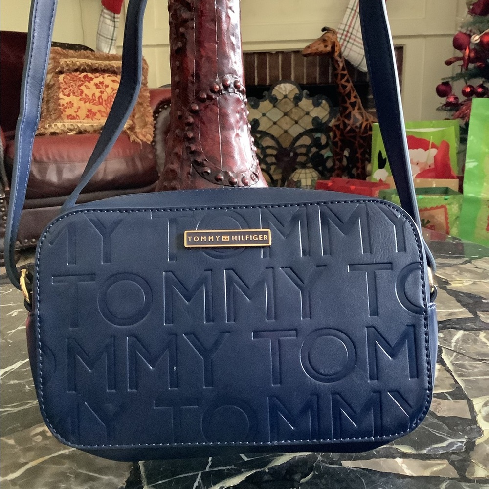 Tommy Hilfiger Navy Embossed monogram square Crossbody Shoulder Bag 9.5x6.5